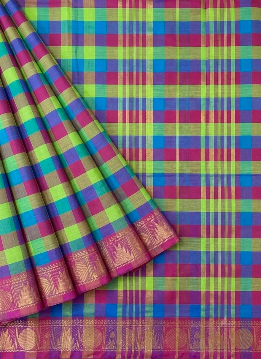 Madras Checks – Purple with Green Pure Cotton Saree