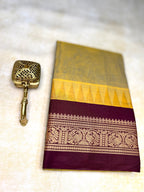 Pure Chettinad Handloom Cotton Saree – Dual shade body and maroon Korvai Border with Temple Design