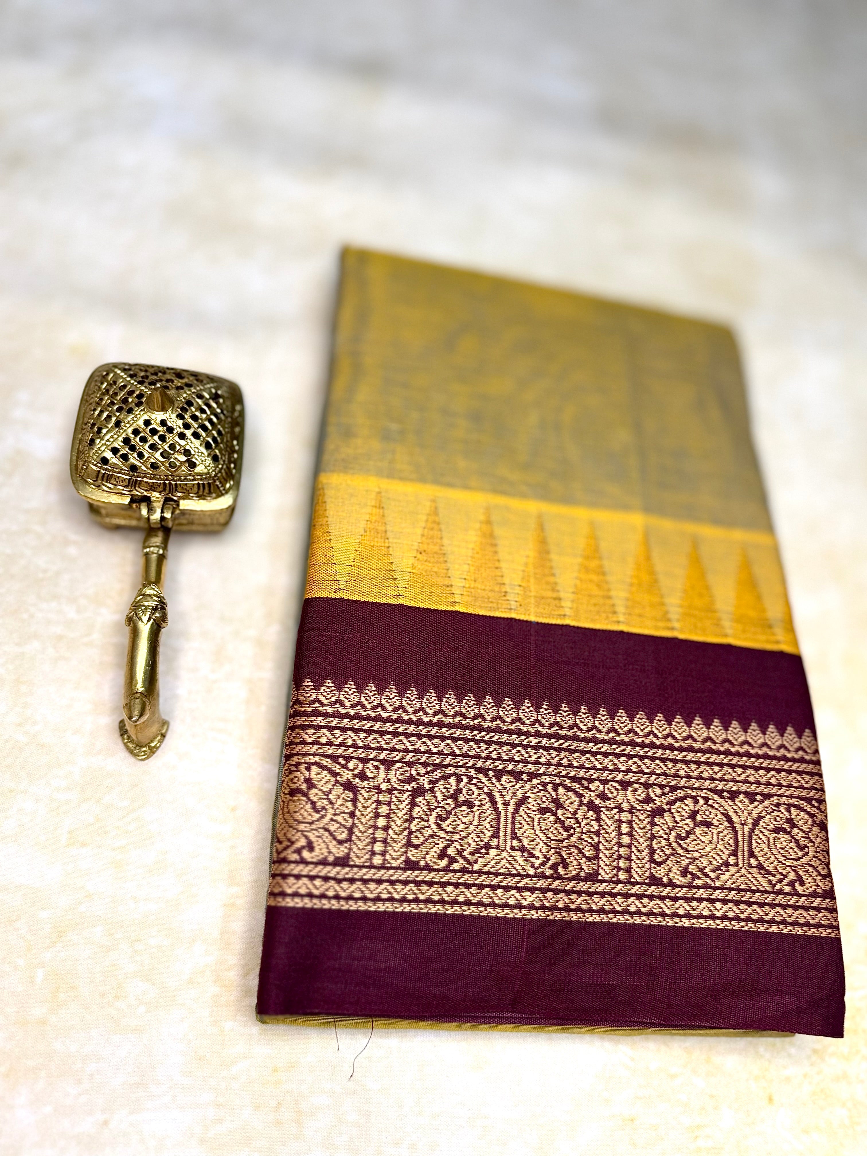 Pure Chettinad Handloom Cotton Saree – Dual shade body and maroon Korvai Border with Temple Design