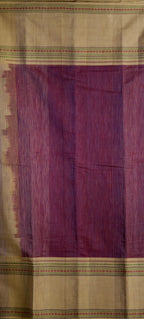 Pure Handloom Chettinad Cotton Saree | Grape Body | Rettaipet Border with Thread Work | Striped Pallu