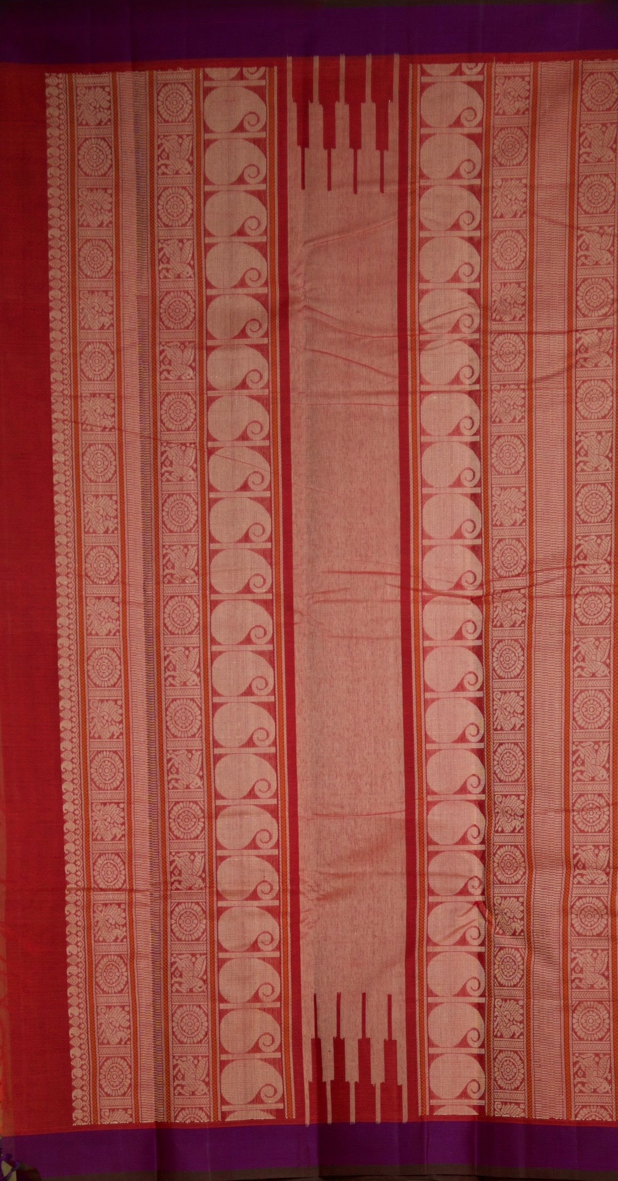 Pure Chettinad Handloom Cotton Saree – Stripped Red Body with purple 2inch Border