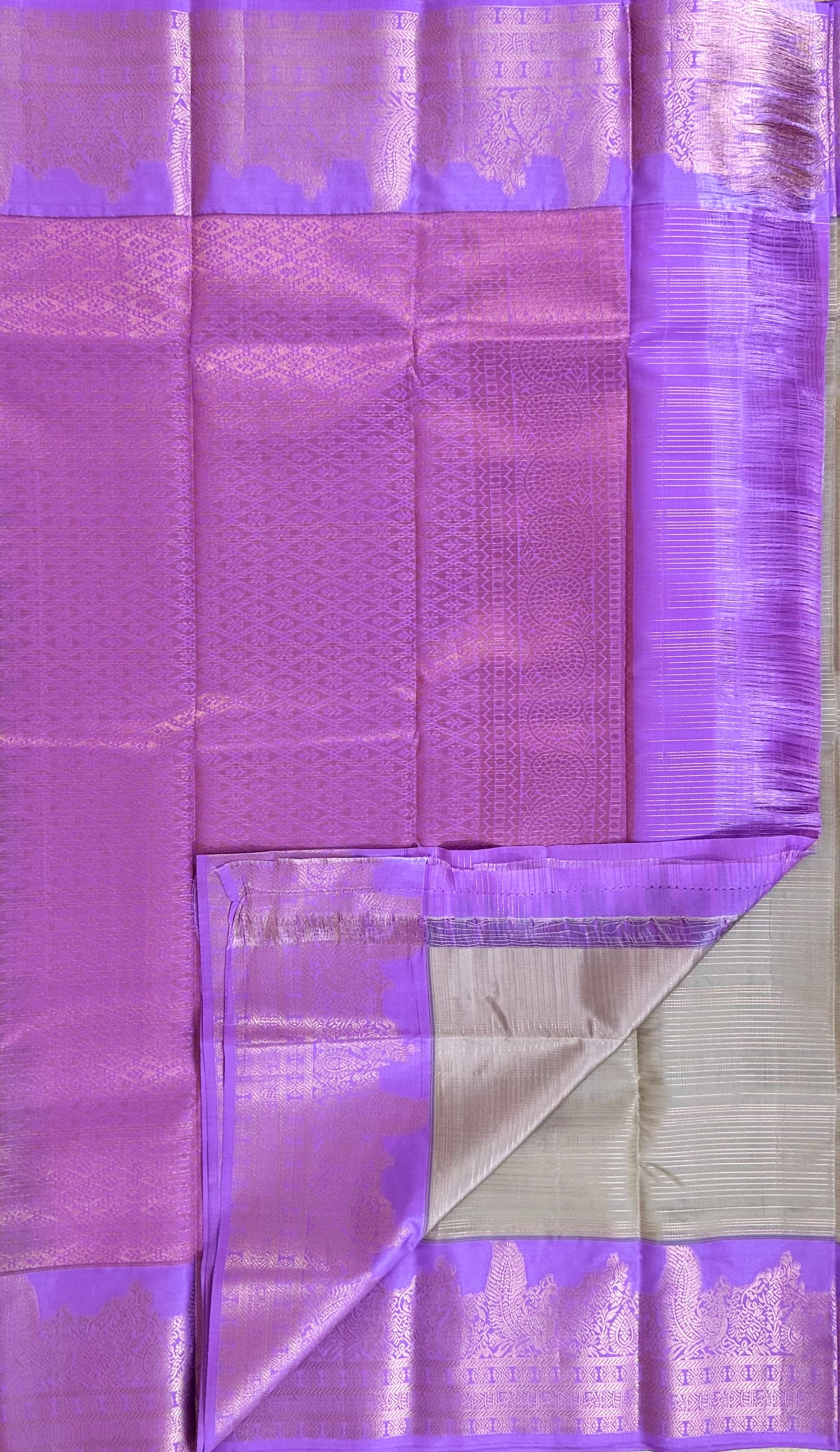 Luxury Silk Blend Kanchipuram Pattu |Grey Striped Body | Lavender Zari Border