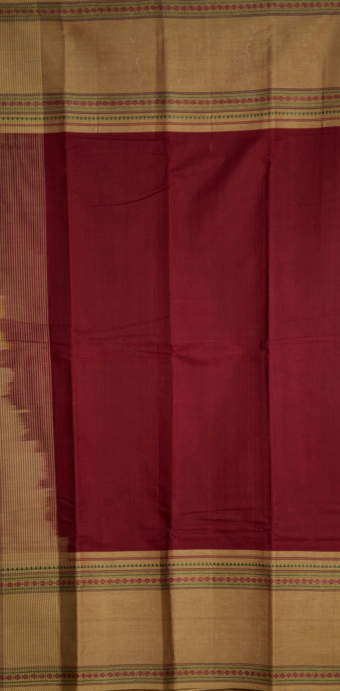 Pure Handloom Chettinad Cotton Saree | Maroon Body | Rettaipet Border with Thread Work | Striped Pallu