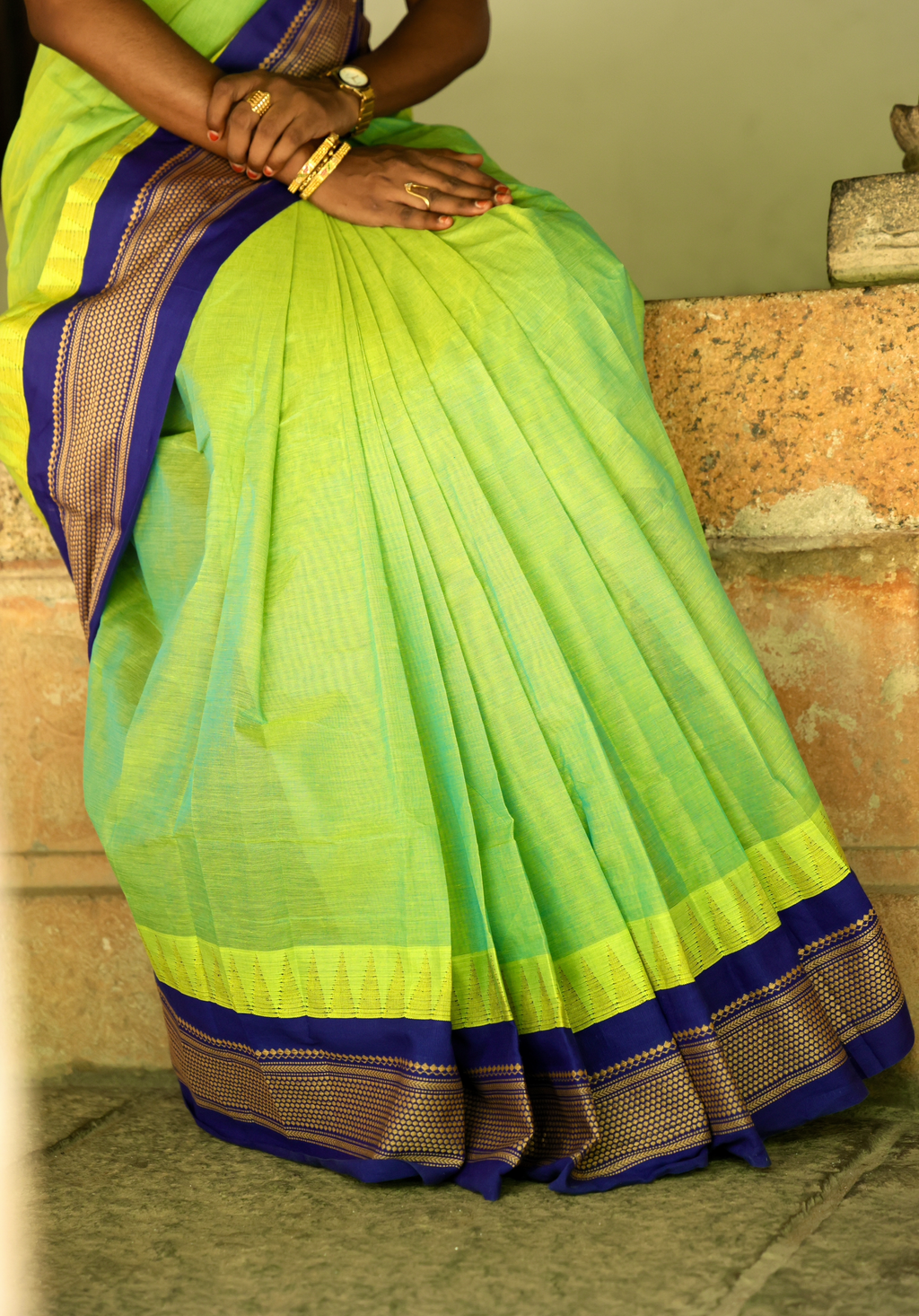 Pure Chettinad Handloom Cotton Saree – Green body and blue Korvai Border with Temple Design