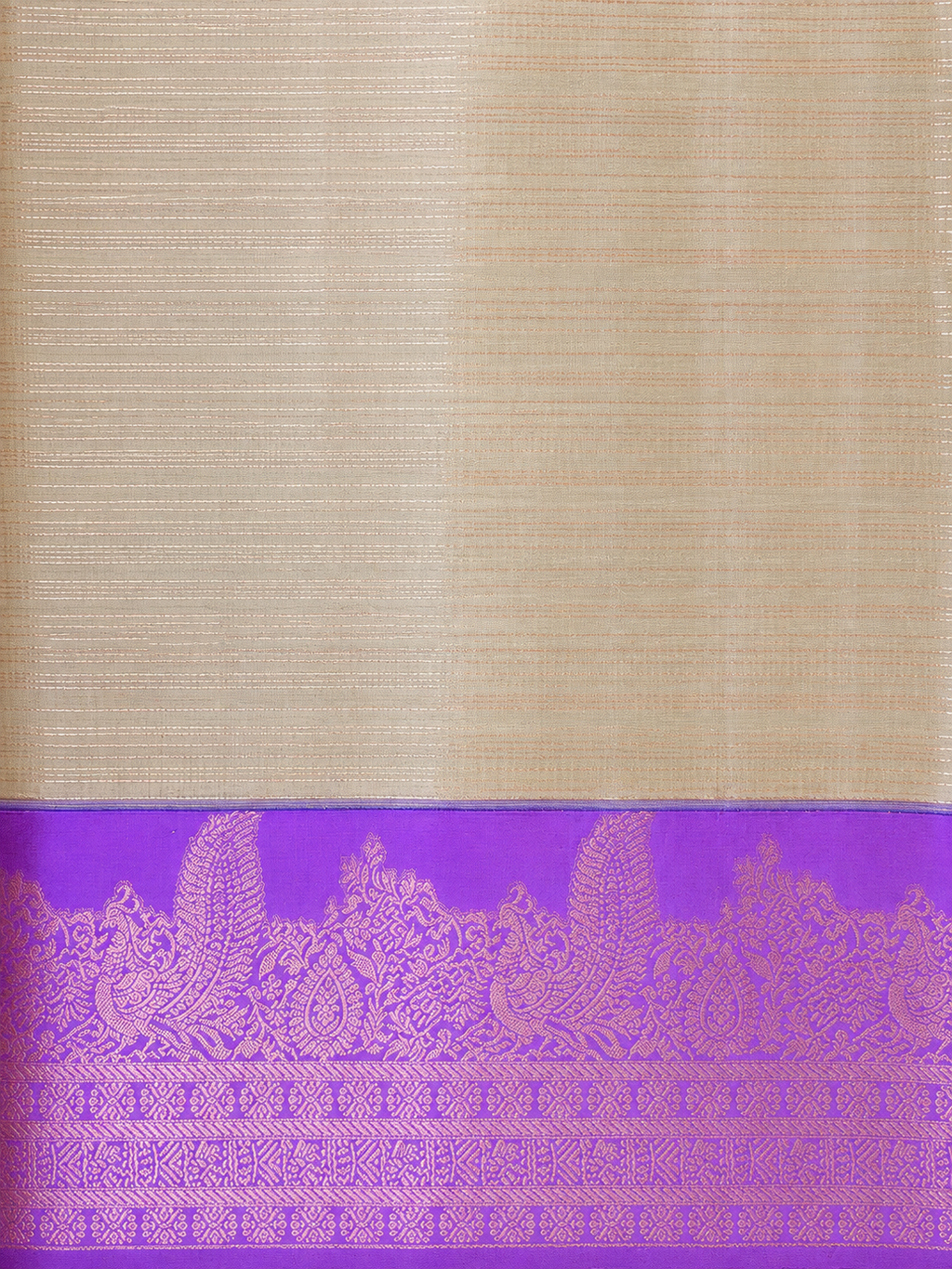 Luxury Silk Blend Kanchipuram Pattu |Grey Striped Body | Lavender Zari Border