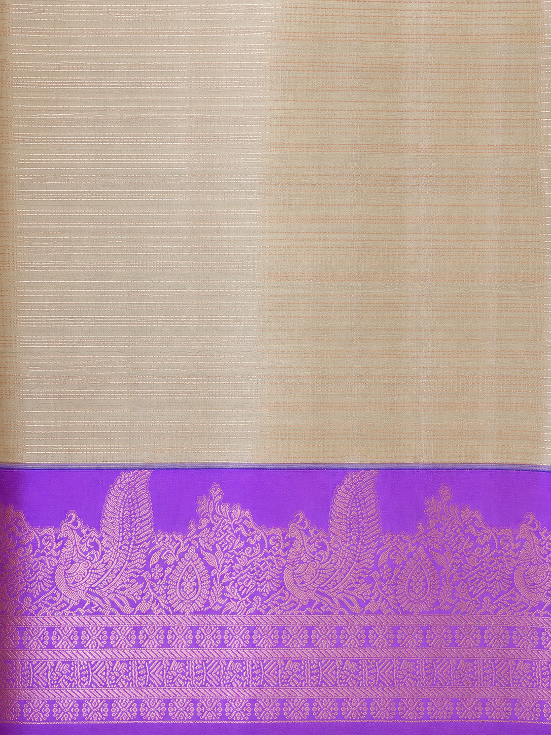 Luxury Silk Blend Kanchipuram Pattu |Grey Striped Body | Lavender Zari Border