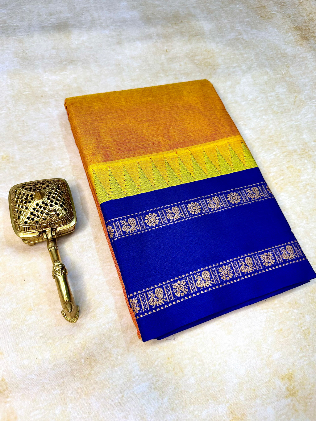Pure Chettinad Handloom Cotton Saree – Mustard with Double-Side Blue Korvai Rettaipet border with Temple design