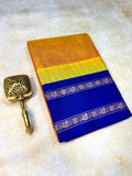 Pure Chettinad Handloom Cotton Saree – Mustard with Double-Side Blue Korvai Rettaipet border with Temple design