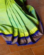 Pure Chettinad Handloom Cotton Saree – Green body and blue Korvai Border with Temple Design