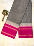 Pure Chettinad Handloom Cotton Saree – Grey with Double-Side Pink Korvai Rettaipet border with Temple design