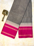 Pure Chettinad Handloom Cotton Saree – Grey with Double-Side Pink Korvai Rettaipet border with Temple design