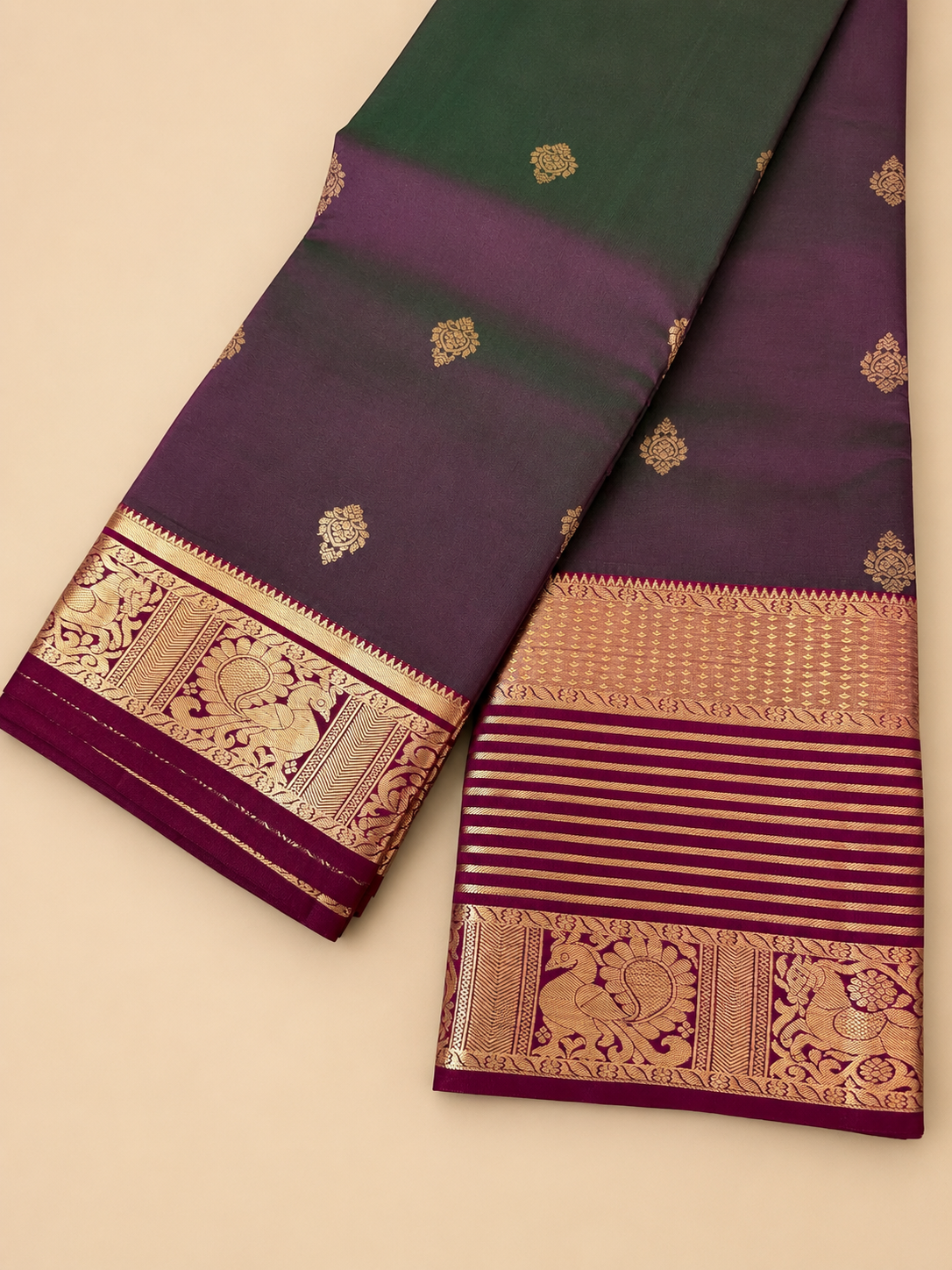 Annam & Ashva Varnam – Pure Silk Saree – Manthulir Green plum dual shade