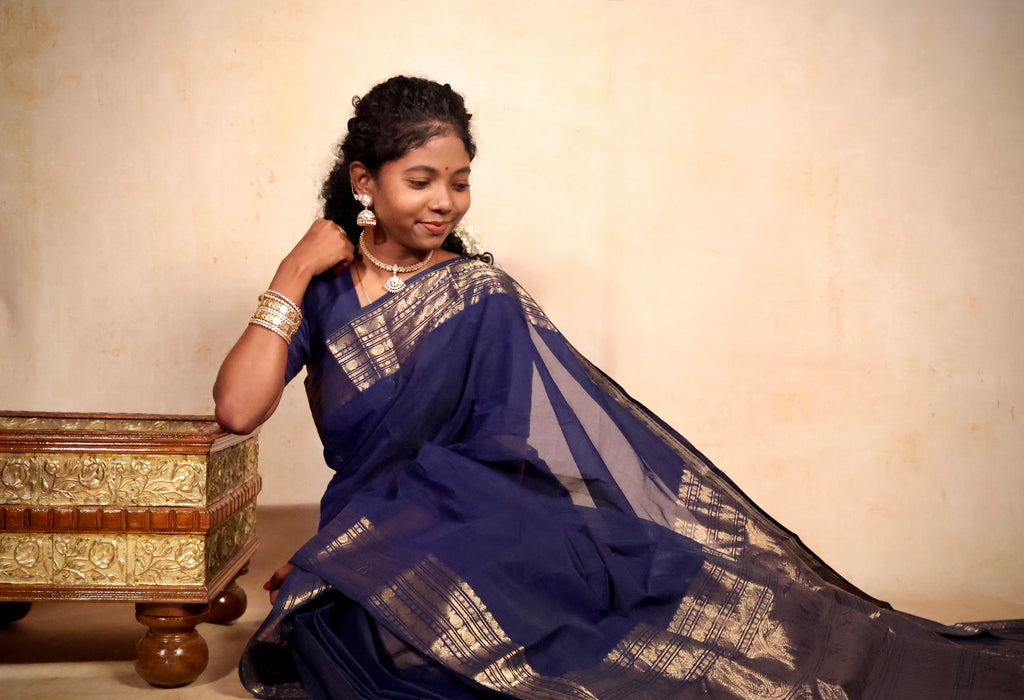 Pure Chettinad Handloom Cotton Saree – Navy Blue