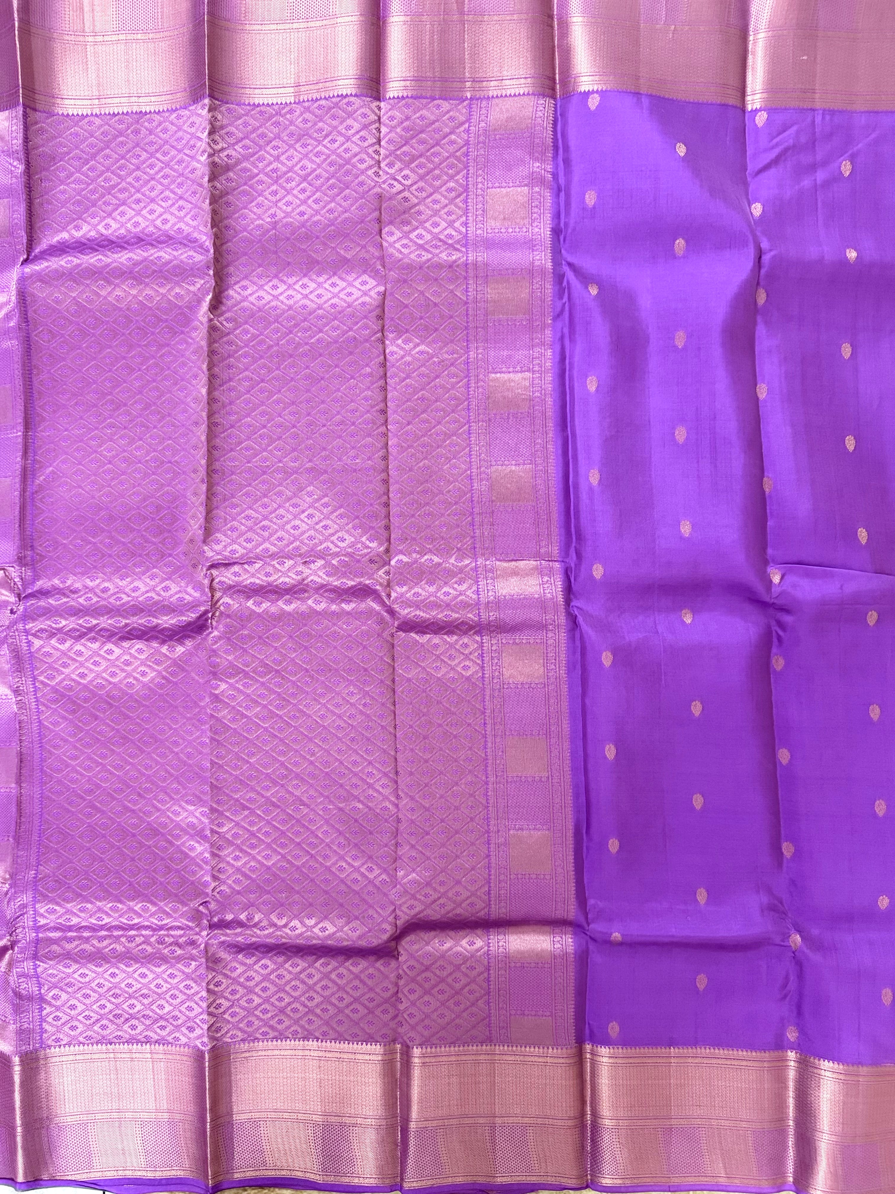 Luxury Silk Blend Kanchipuram Pattu | Lavender | Gatti Copper Border | Small Butta Body