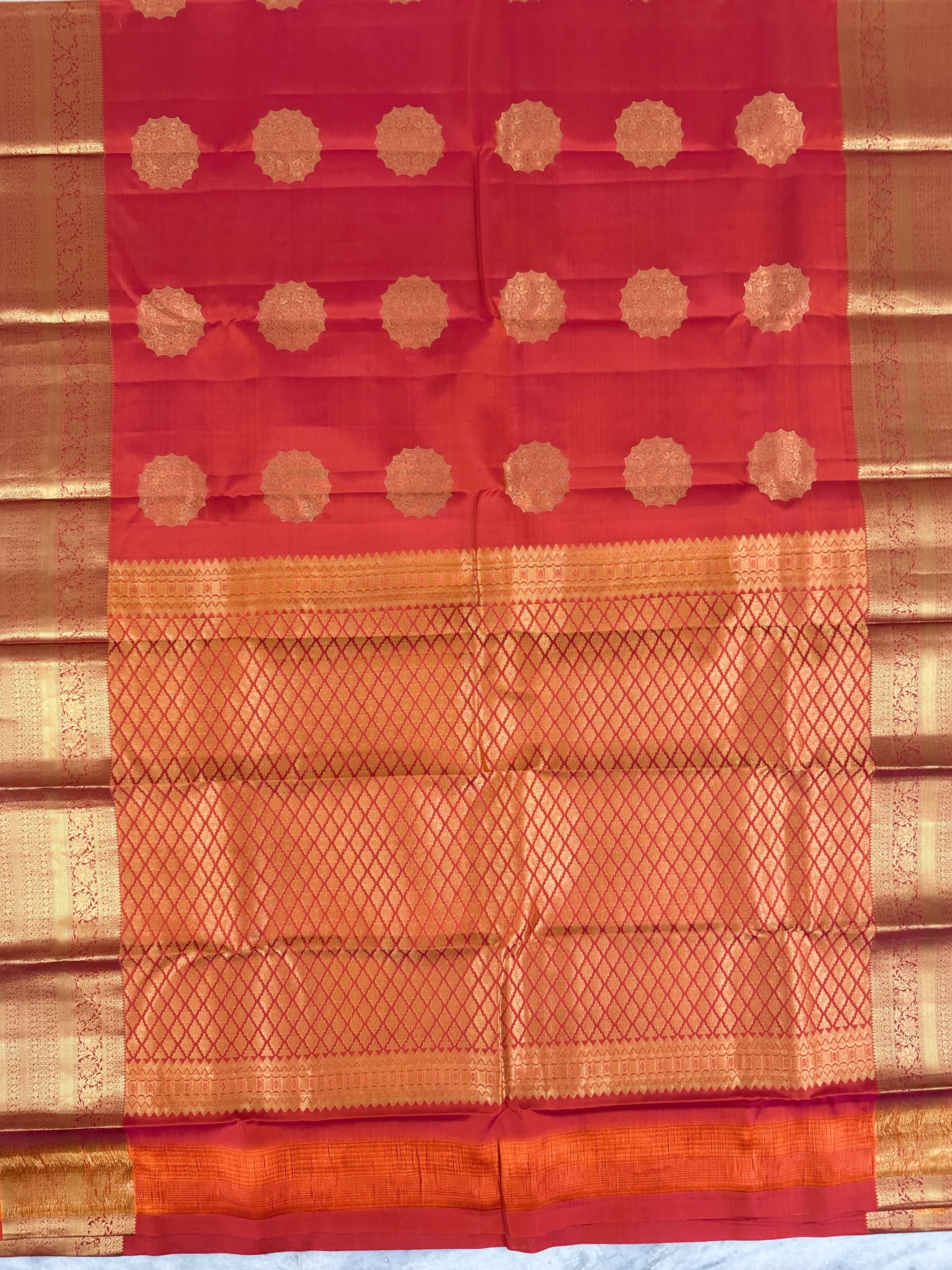 Luxury Silk Blend Kanchipuram Pattu | Orange | Flower Butta Body | Grand Border & Pallu