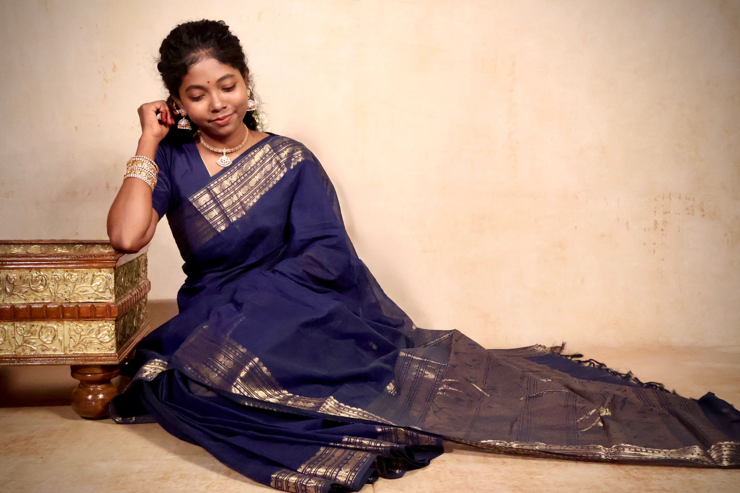 Pure Chettinad Handloom Cotton Saree – Navy Blue