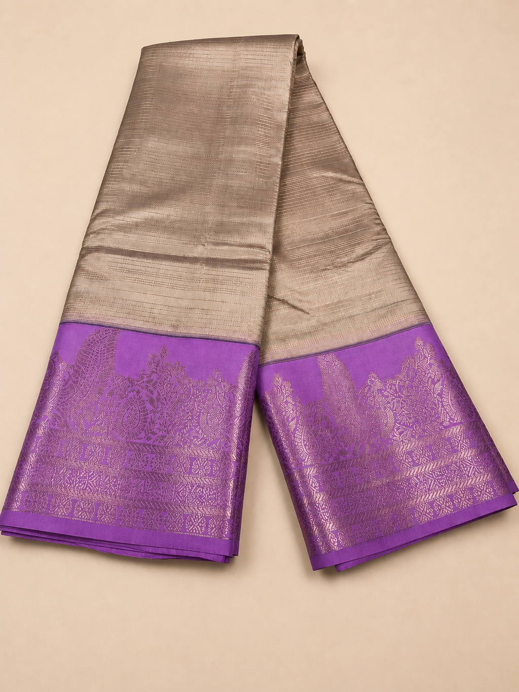 Luxury Silk Blend Kanchipuram Pattu |Grey Striped Body | Lavender Zari Border