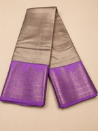 Luxury Silk Blend Kanchipuram Pattu |Grey Striped Body | Lavender Zari Border