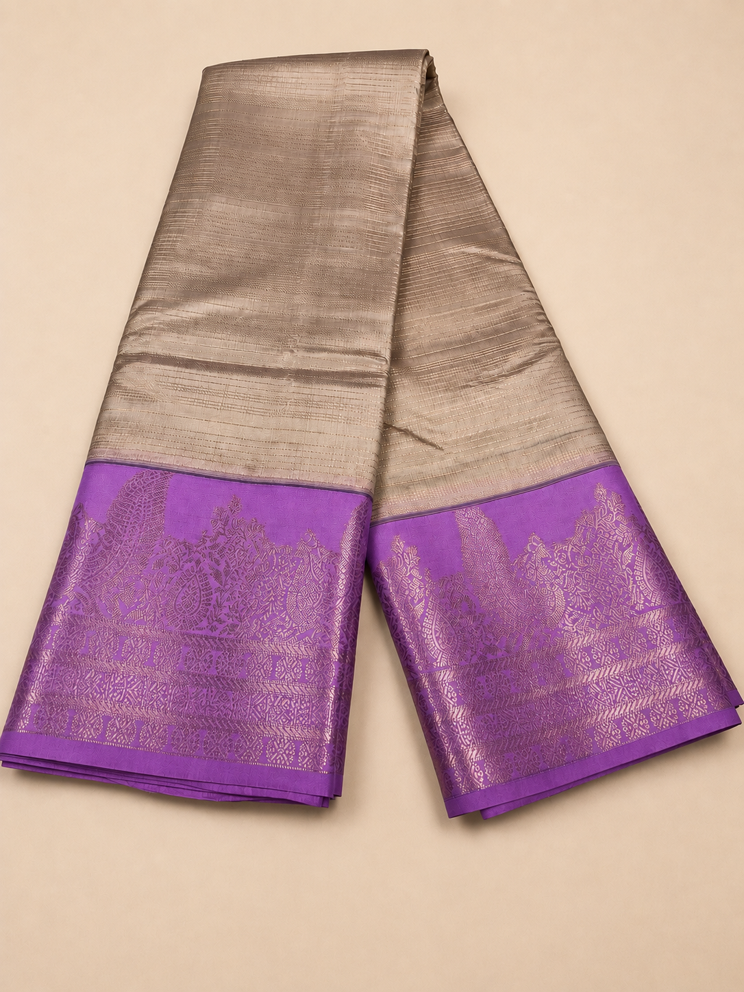 Luxury Silk Blend Kanchipuram Pattu |Grey Striped Body | Lavender Zari Border