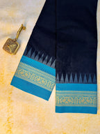 Pure Chettinad Handloom Cotton Saree – Black body and blue Korvai Border with Temple Design