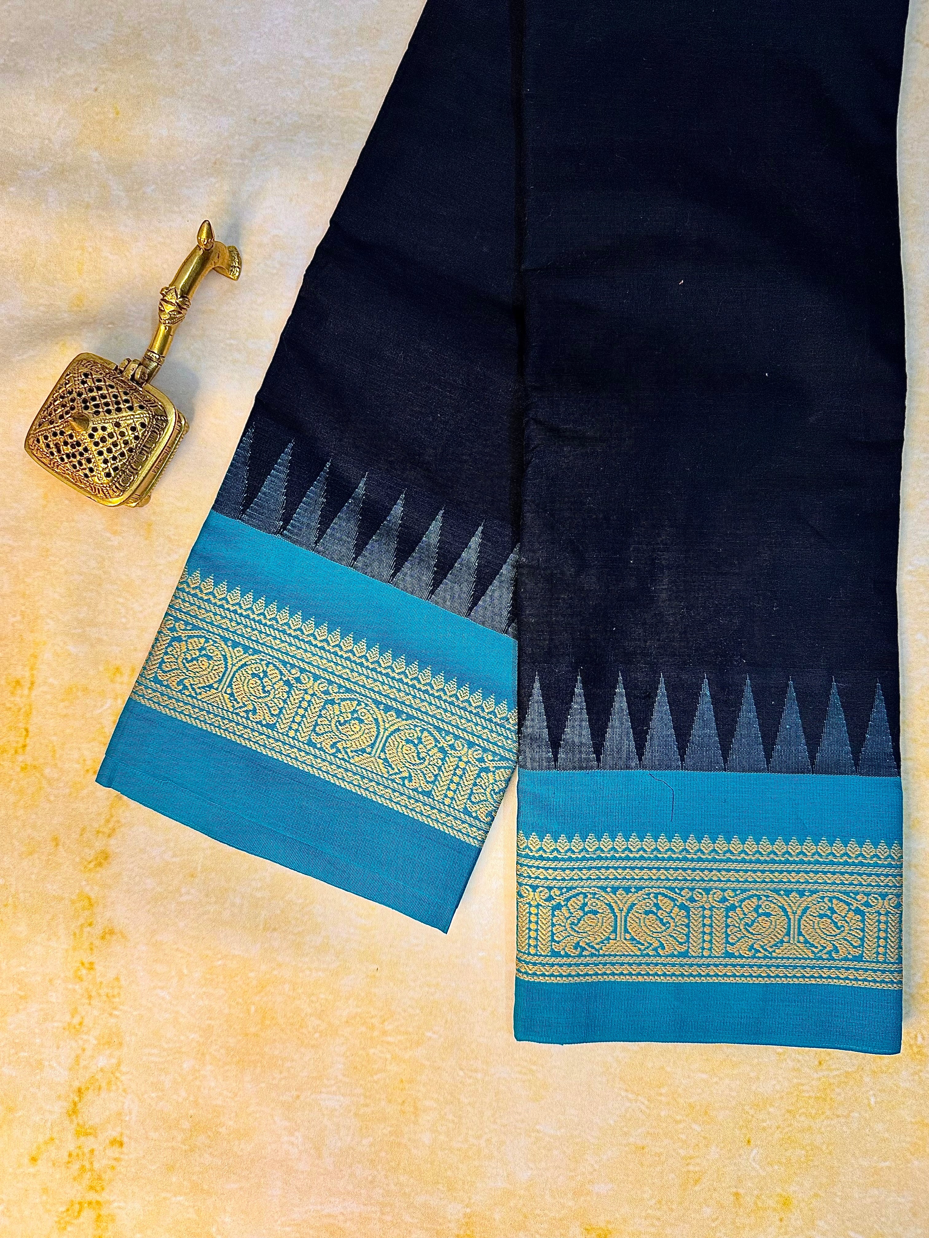 Pure Chettinad Handloom Cotton Saree – Black body and blue Korvai Border with Temple Design