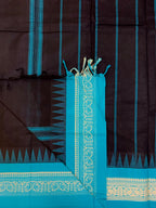Pure Chettinad Handloom Cotton Saree – Black body and blue Korvai Border with Temple Design