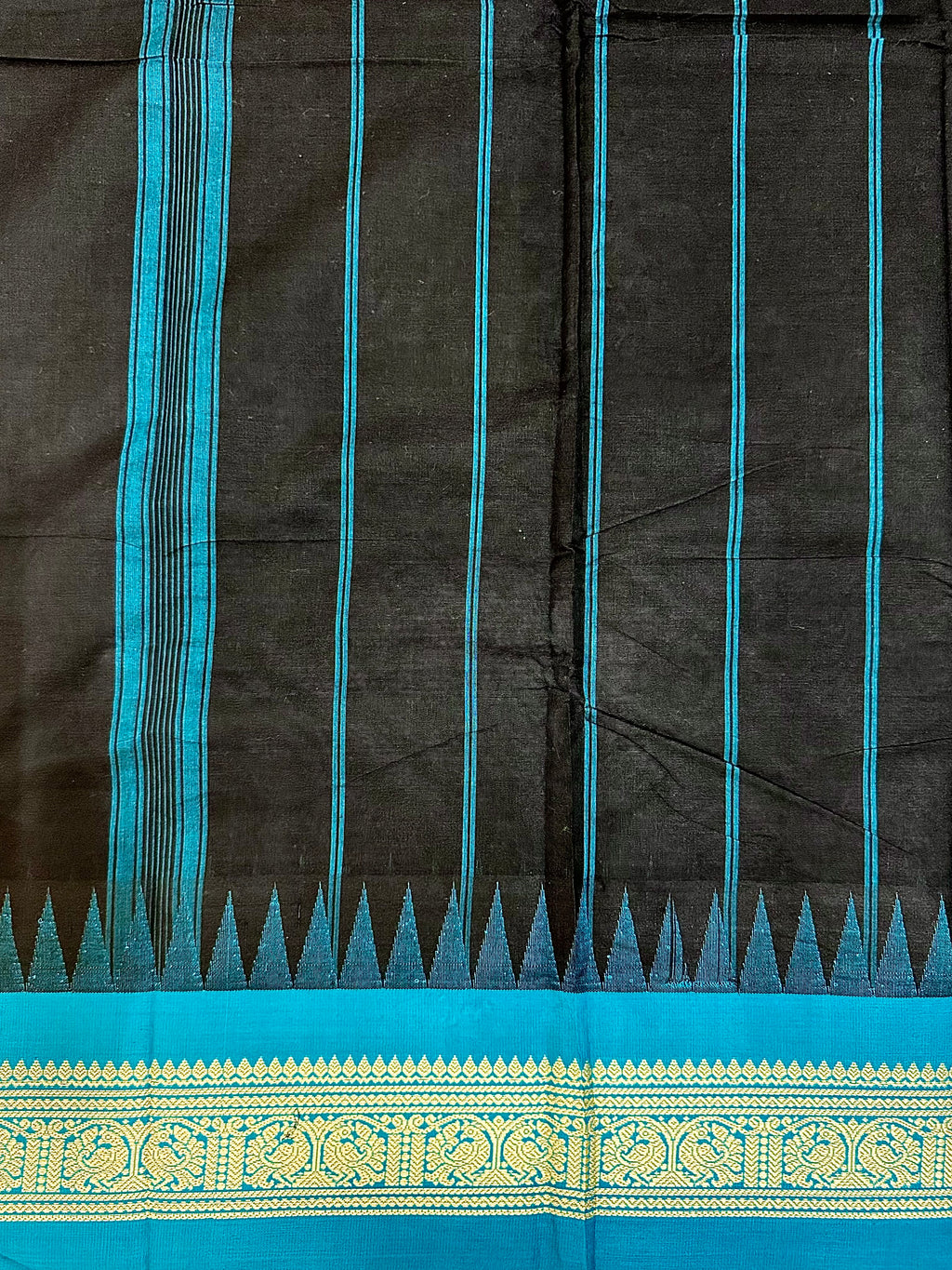 Pure Chettinad Handloom Cotton Saree – Black body and blue Korvai Border with Temple Design