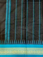 Pure Chettinad Handloom Cotton Saree – Black body and blue Korvai Border with Temple Design