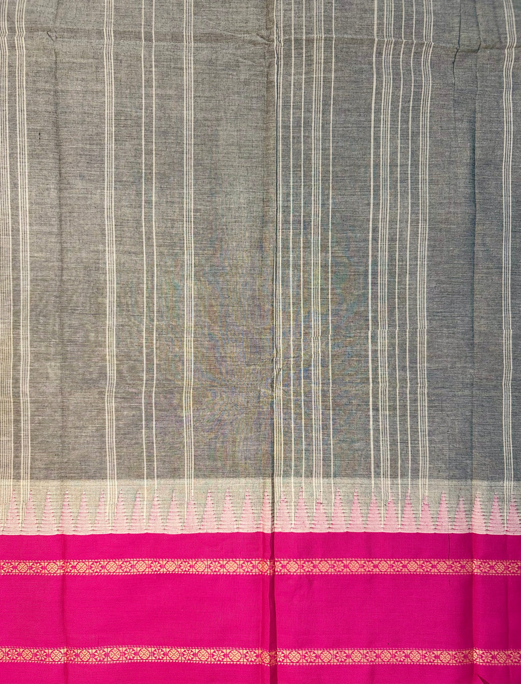 Pure Chettinad Handloom Cotton Saree – Grey with Double-Side Pink Korvai Rettaipet border with Temple design
