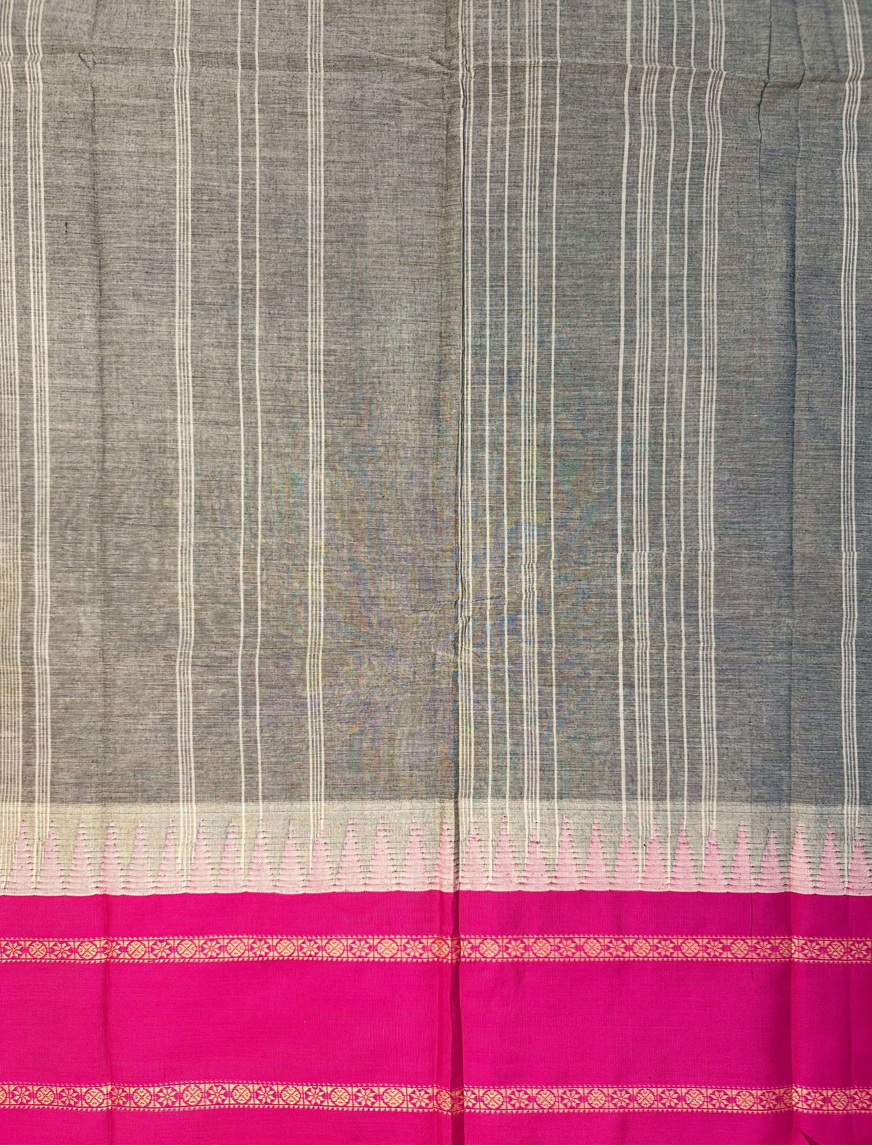 Pure Chettinad Handloom Cotton Saree – Grey with Double-Side Pink Korvai Rettaipet border with Temple design