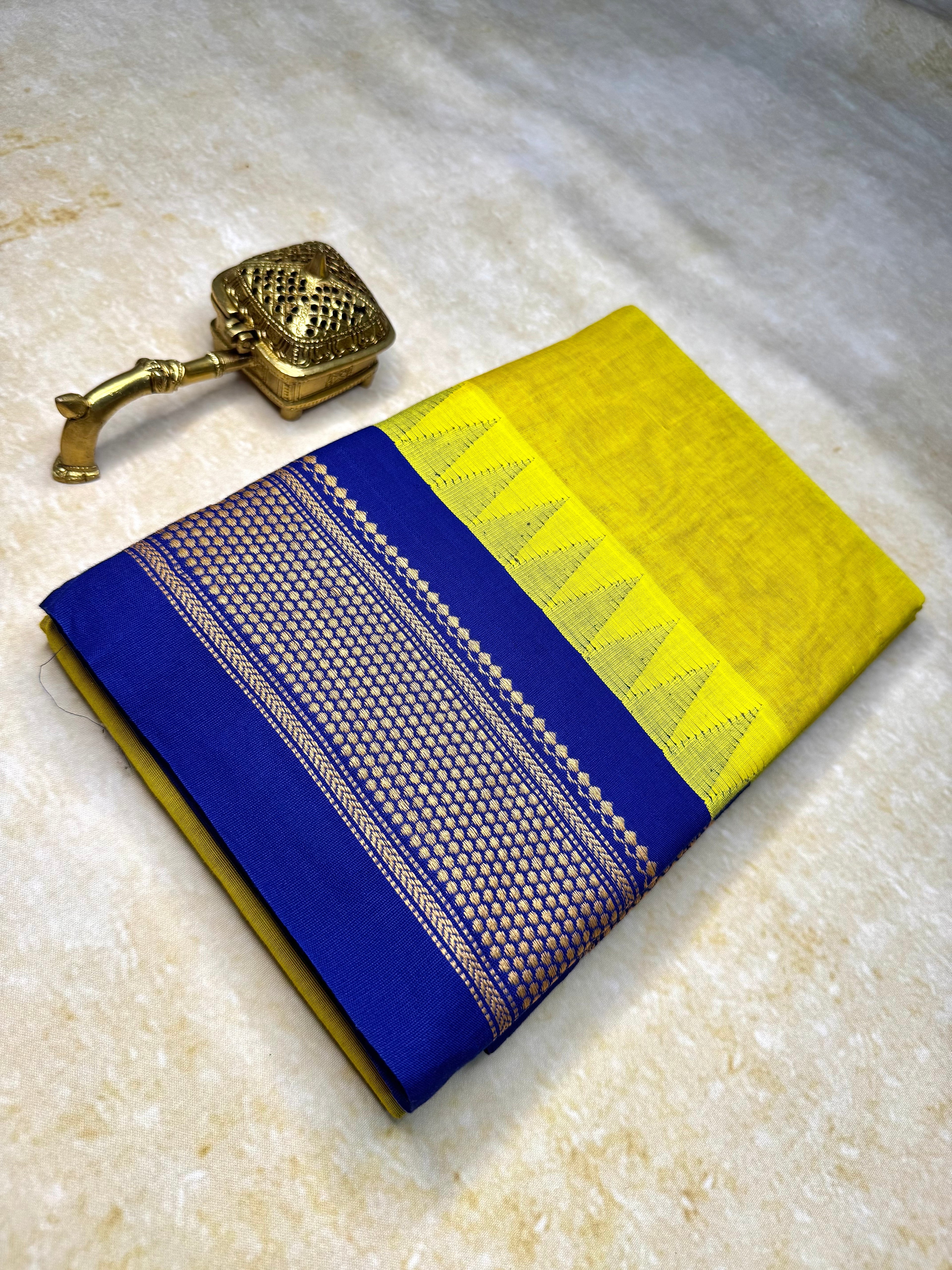 Pure Chettinad Handloom Cotton Saree – Yellow body and Blue Korvai Border with Temple Design