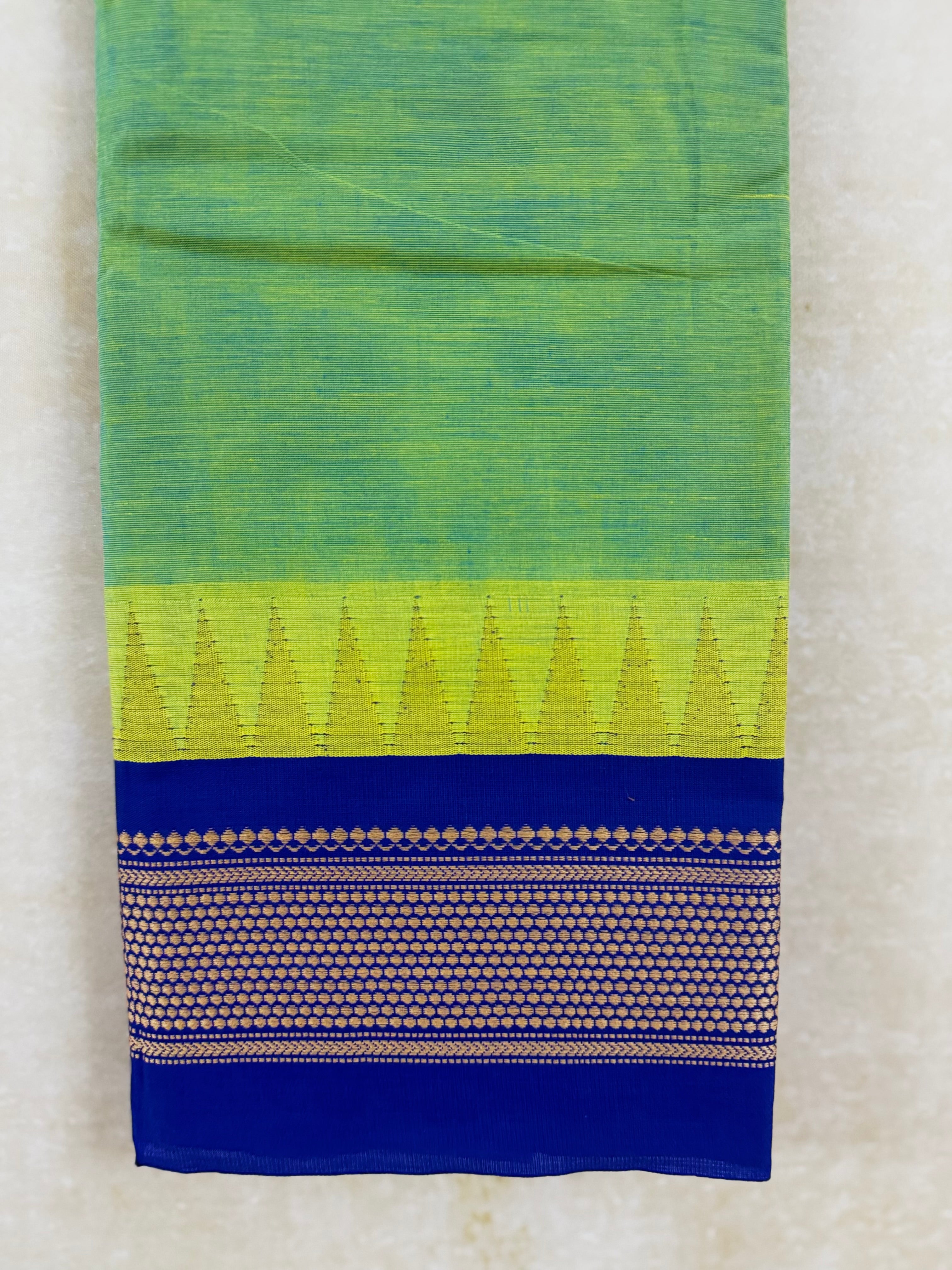Pure Chettinad Handloom Cotton Saree – Green body and blue Korvai Border with Temple Design