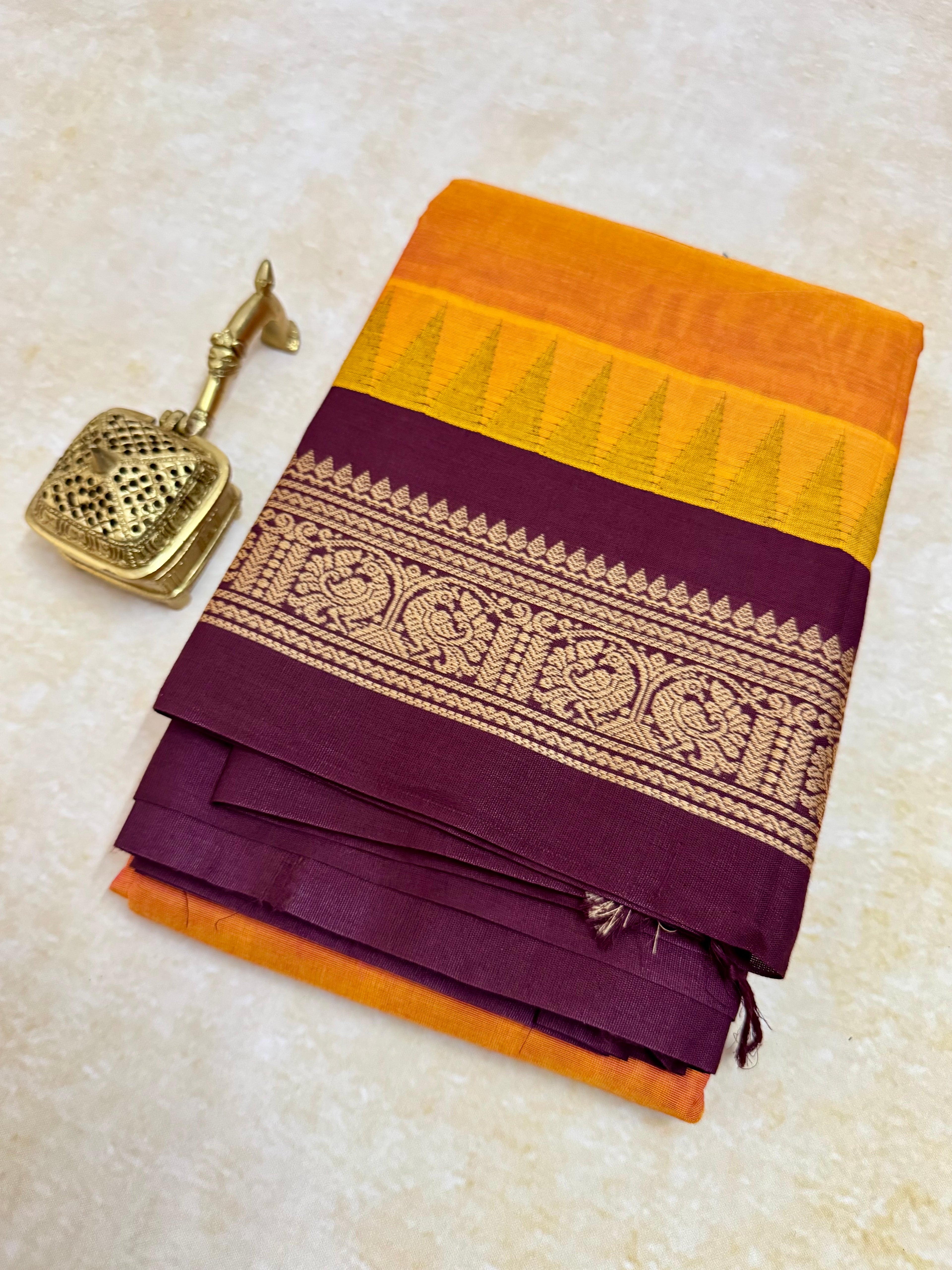 Pure Chettinad Handloom Cotton Saree – Orange body and Maroon Korvai Border with Temple Design