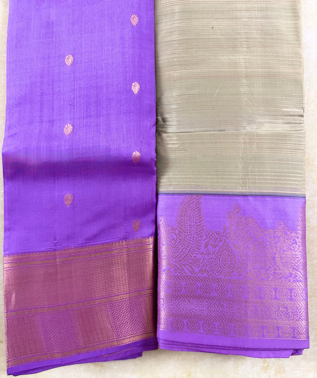 Luxury Silk Blend Kanchipuram Pattu | Lavender | Gatti Copper Border | Small Butta Body