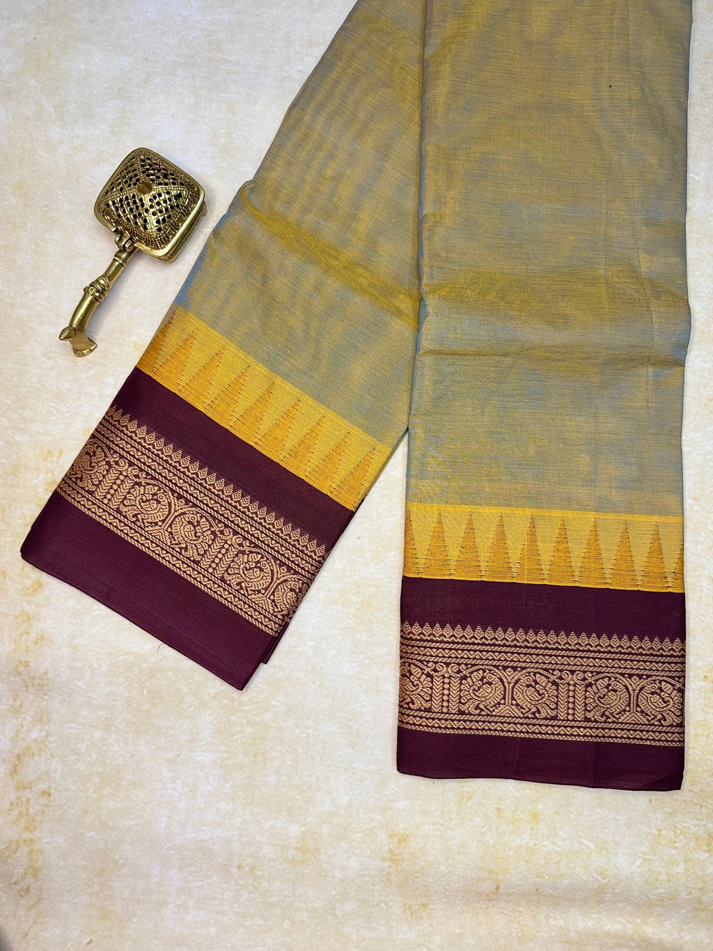 Pure Chettinad Handloom Cotton Saree – Dual shade body and maroon Korvai Border with Temple Design