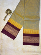 Pure Chettinad Handloom Cotton Saree – Dual shade body and maroon Korvai Border with Temple Design