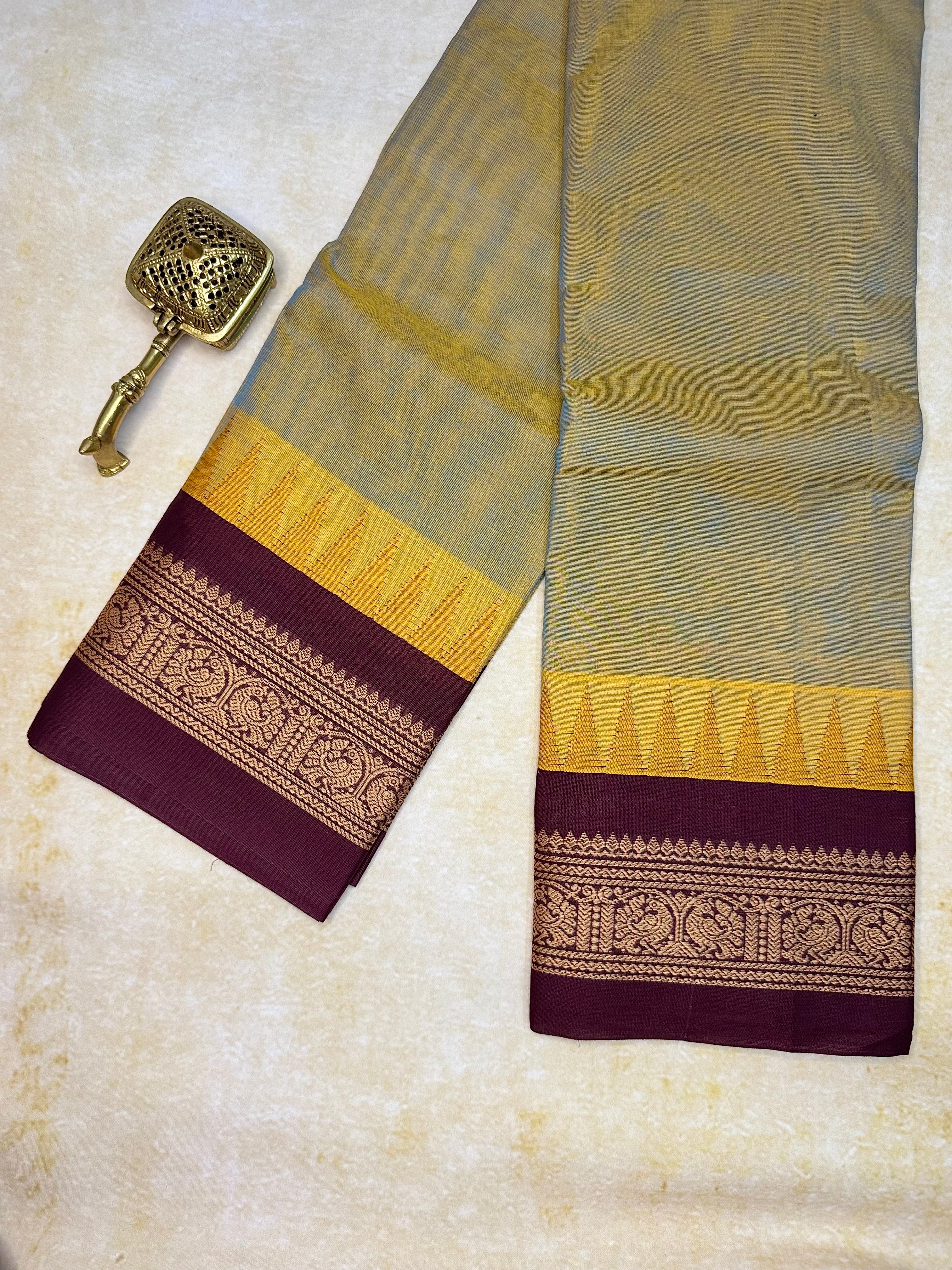 Pure Chettinad Handloom Cotton Saree – Dual shade body and maroon Korvai Border with Temple Design