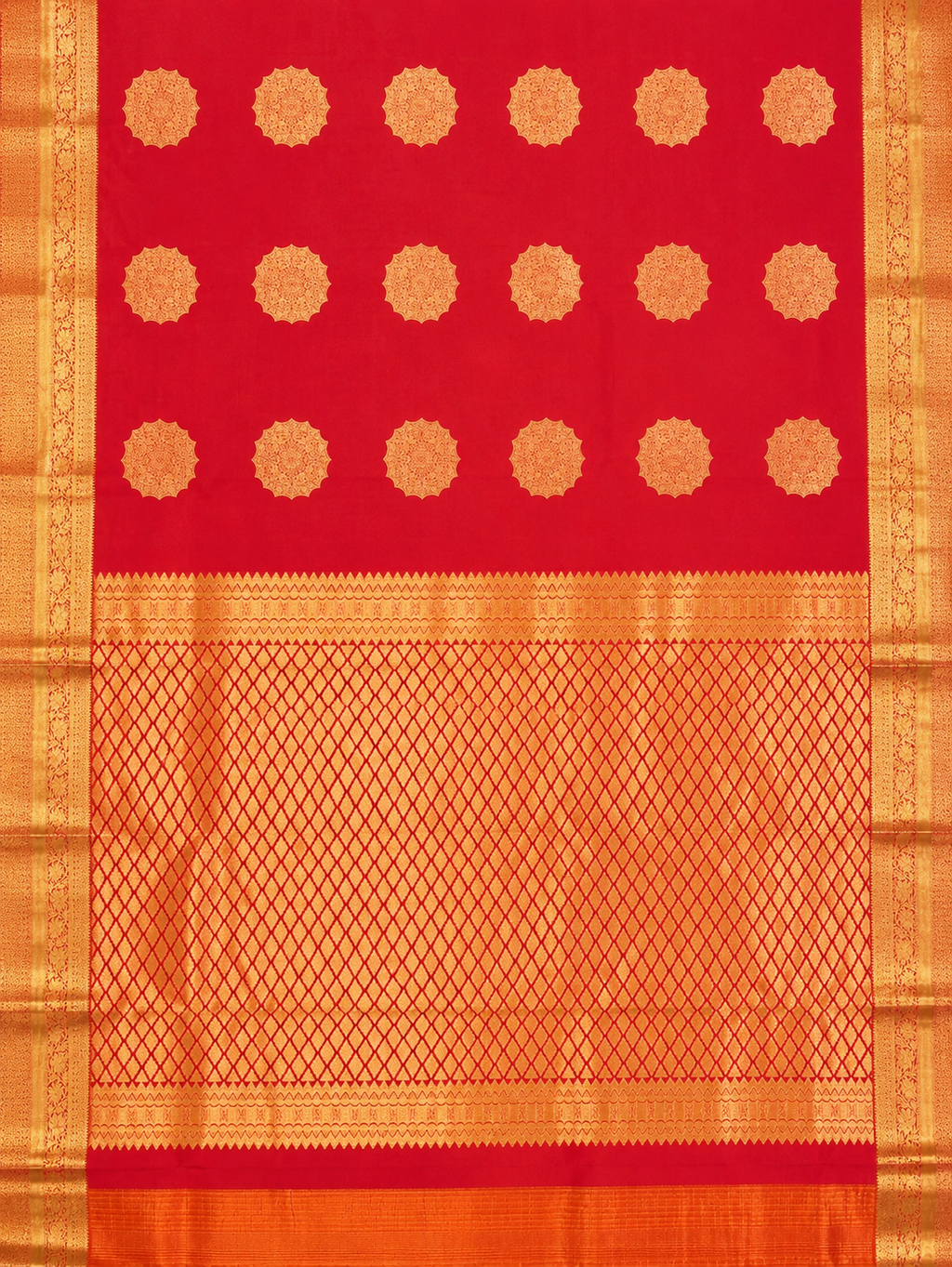 Luxury Silk Blend Kanchipuram Pattu | Orange | Flower Butta Body | Grand Border & Pallu