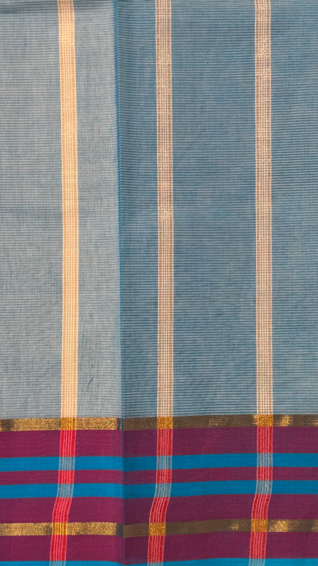 Kerala Kasavu Inspired Saree with Blue and Pink Striped Border