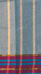 Kerala Kasavu Inspired Saree with Blue and Pink Striped Border