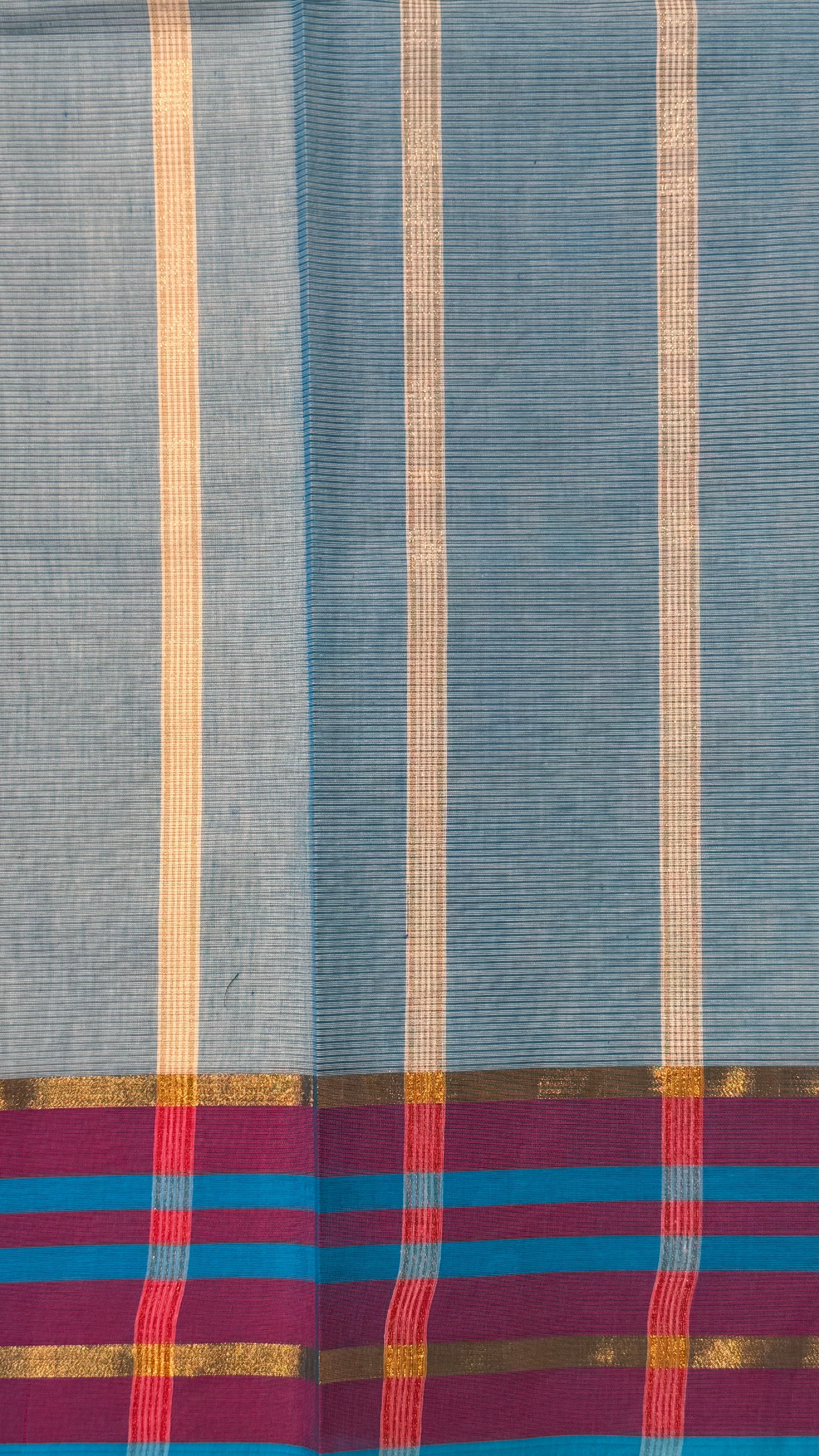 Kerala Kasavu Inspired Saree with Blue and Pink Striped Border