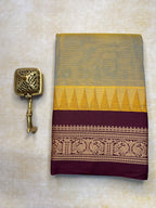 Pure Chettinad Handloom Cotton Saree – Dual shade body and maroon Korvai Border with Temple Design