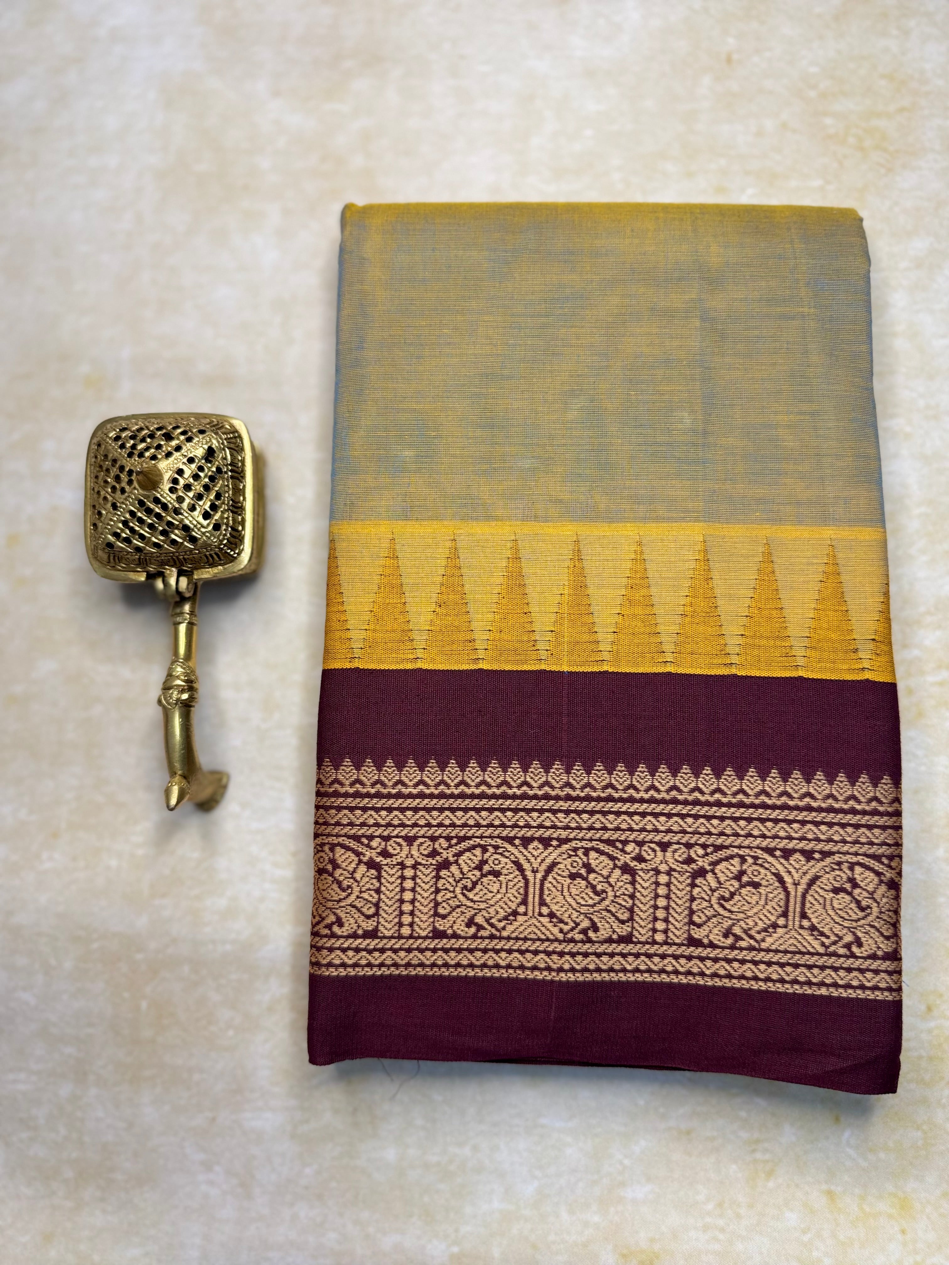Pure Chettinad Handloom Cotton Saree – Dual shade body and maroon Korvai Border with Temple Design