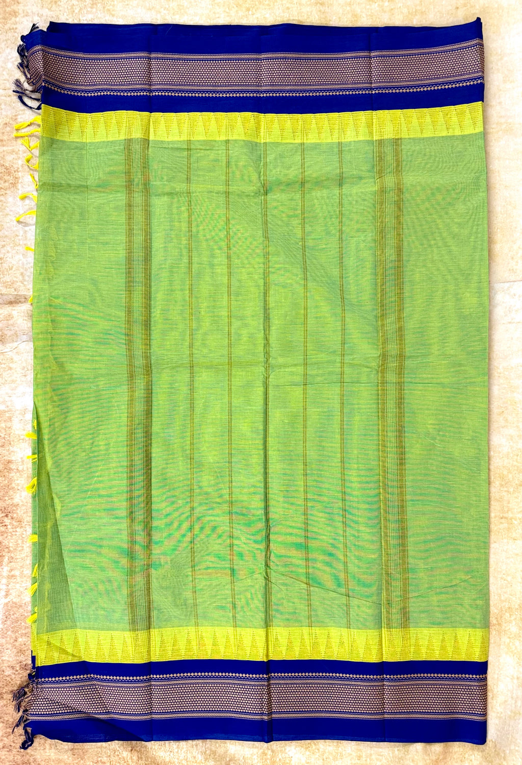 Pure Chettinad Handloom Cotton Saree – Green body and blue Korvai Border with Temple Design