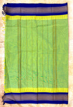Pure Chettinad Handloom Cotton Saree – Green body and blue Korvai Border with Temple Design