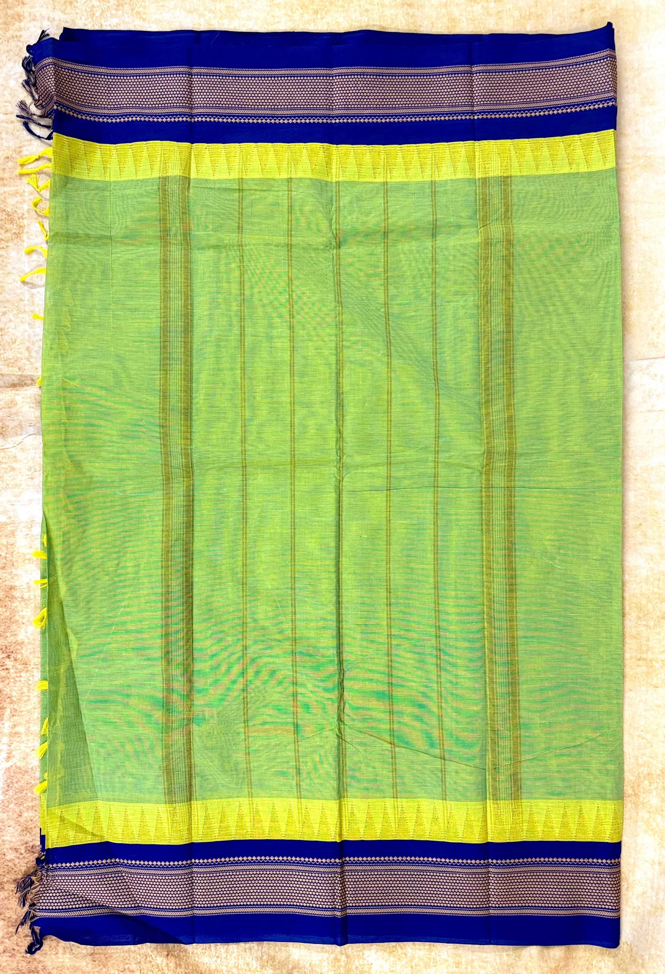 Pure Chettinad Handloom Cotton Saree – Green body and blue Korvai Border with Temple Design