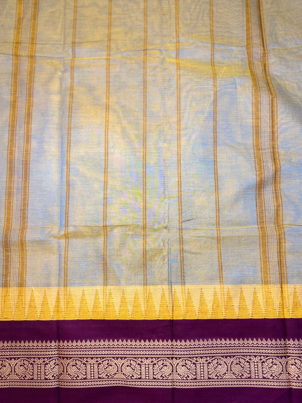 Pure Chettinad Handloom Cotton Saree – Dual shade body and maroon Korvai Border with Temple Design