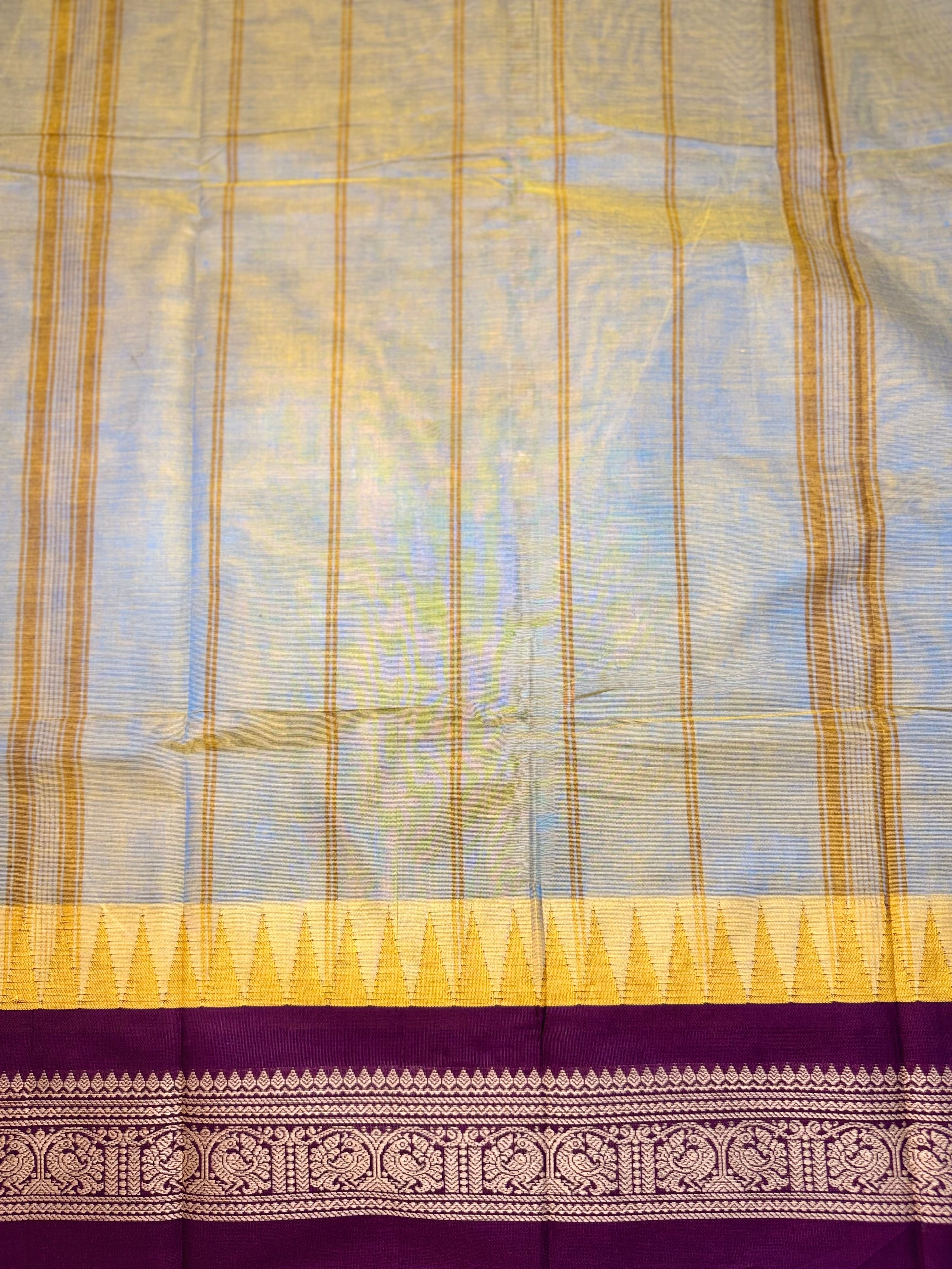 Pure Chettinad Handloom Cotton Saree – Dual shade body and maroon Korvai Border with Temple Design