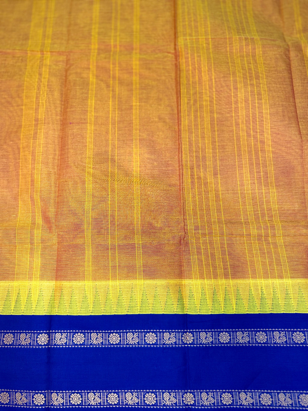 Pure Chettinad Handloom Cotton Saree – Mustard with Double-Side Blue Korvai Rettaipet border with Temple design