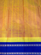 Pure Chettinad Handloom Cotton Saree – Mustard with Double-Side Blue Korvai Rettaipet border with Temple design